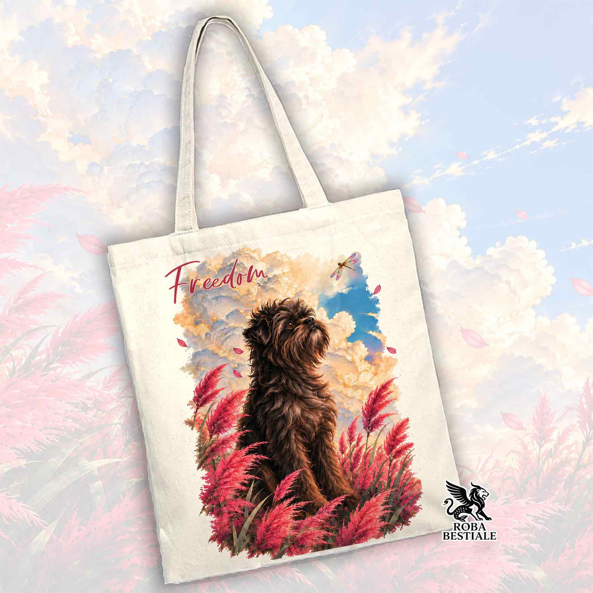 Shopper tote bianca con Affenpinscher e piume rosse, scritta Freedom e logo.