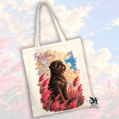 Shopper tote bianca con Affenpinscher e piume rosse, scritta Freedom e logo.