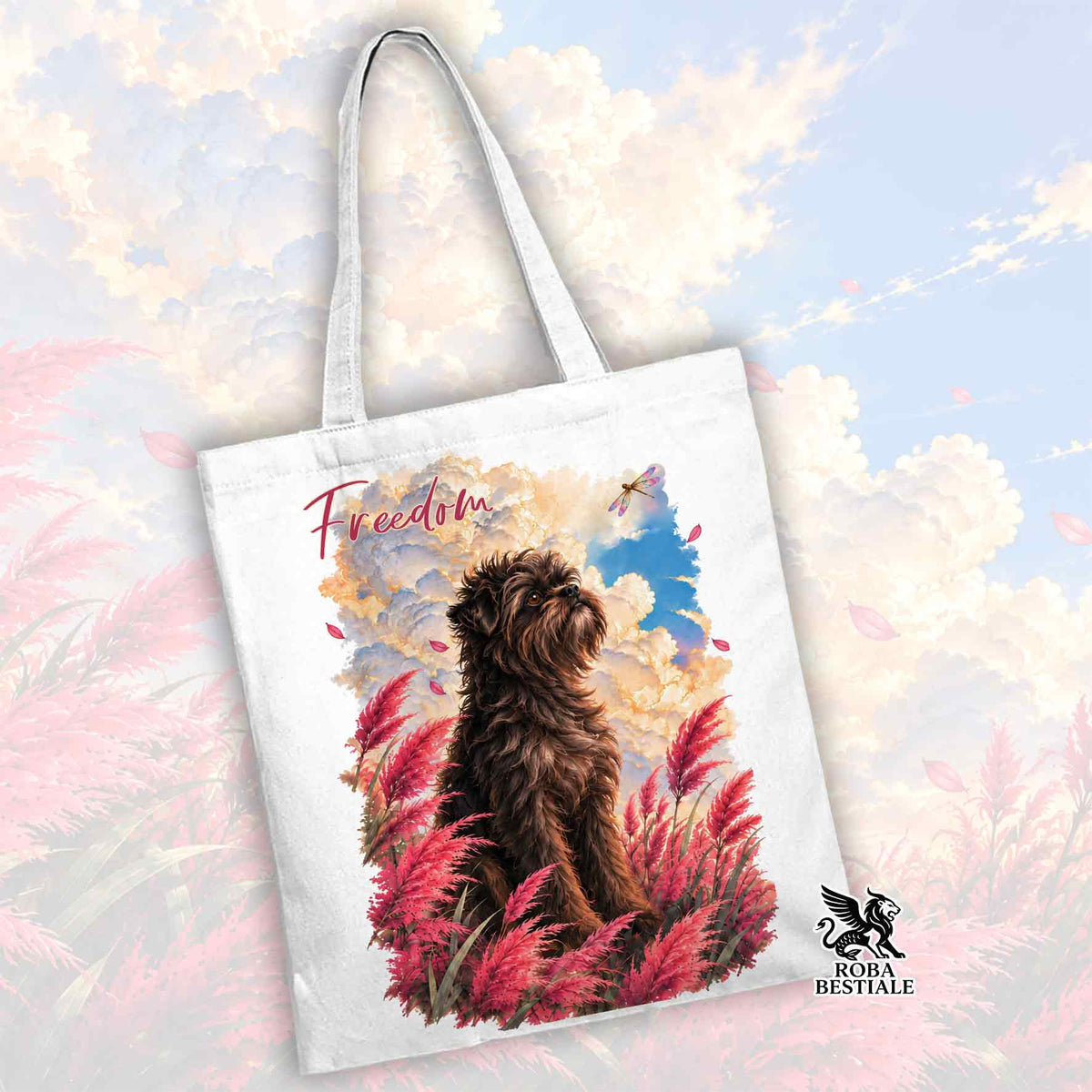 Borsa in tessuto bianco con Affenpinscher, scritta Freedom e logo Roba Bestiale.
