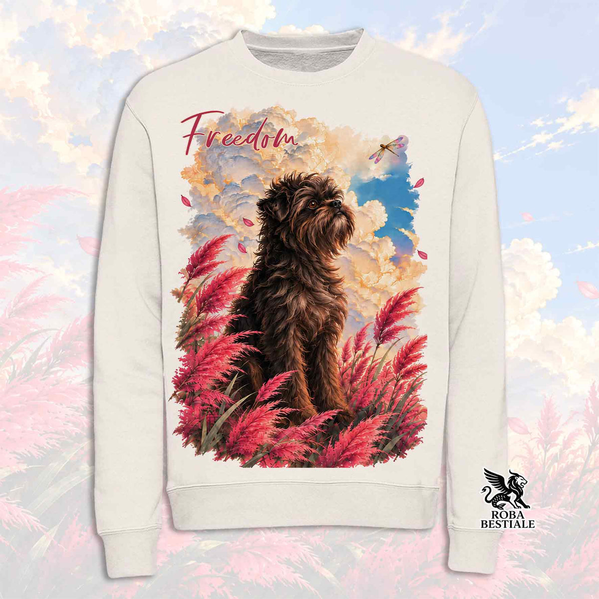 Felpa girocollo bianca con stampa cane e piume multicolore, scritta Freedom