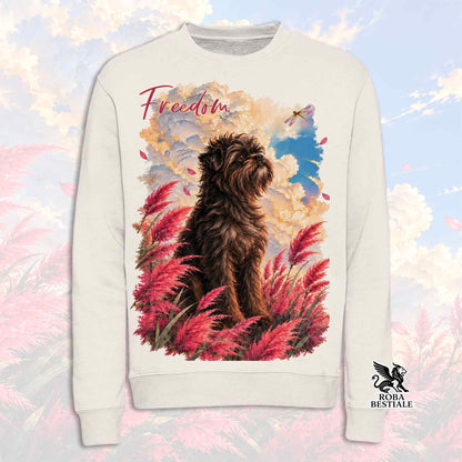 Felpa girocollo bianca con stampa cane e piume multicolore, scritta Freedom
