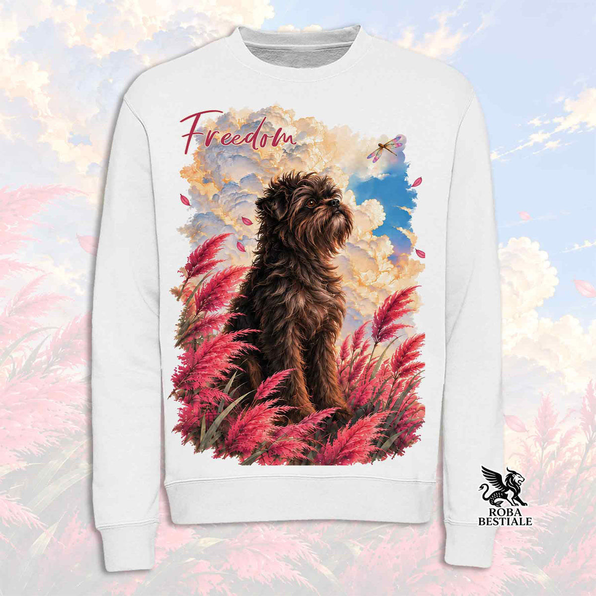 Felpa girocollo bianca con stampa cane, piume rosse e blu, scritta Freedom