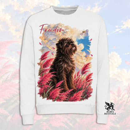Felpa girocollo bianca con stampa cane, piume rosse e blu, scritta Freedom