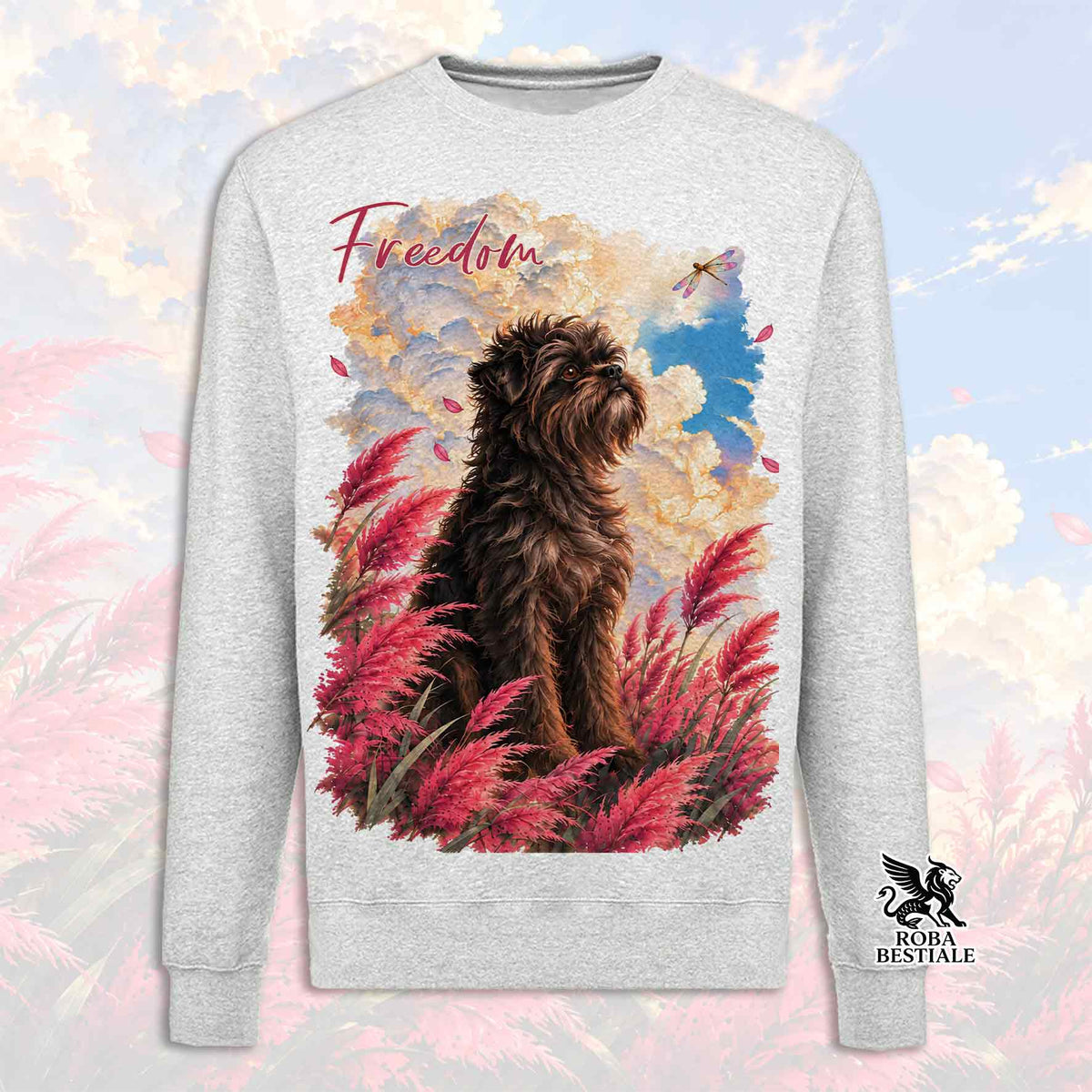 Felpa girocollo grigio mélange con stampa cane tra piume rosse e blu, scritta Freedom