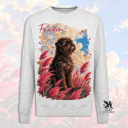 Felpa girocollo grigio mélange con stampa cane tra piume rosse e blu, scritta Freedom