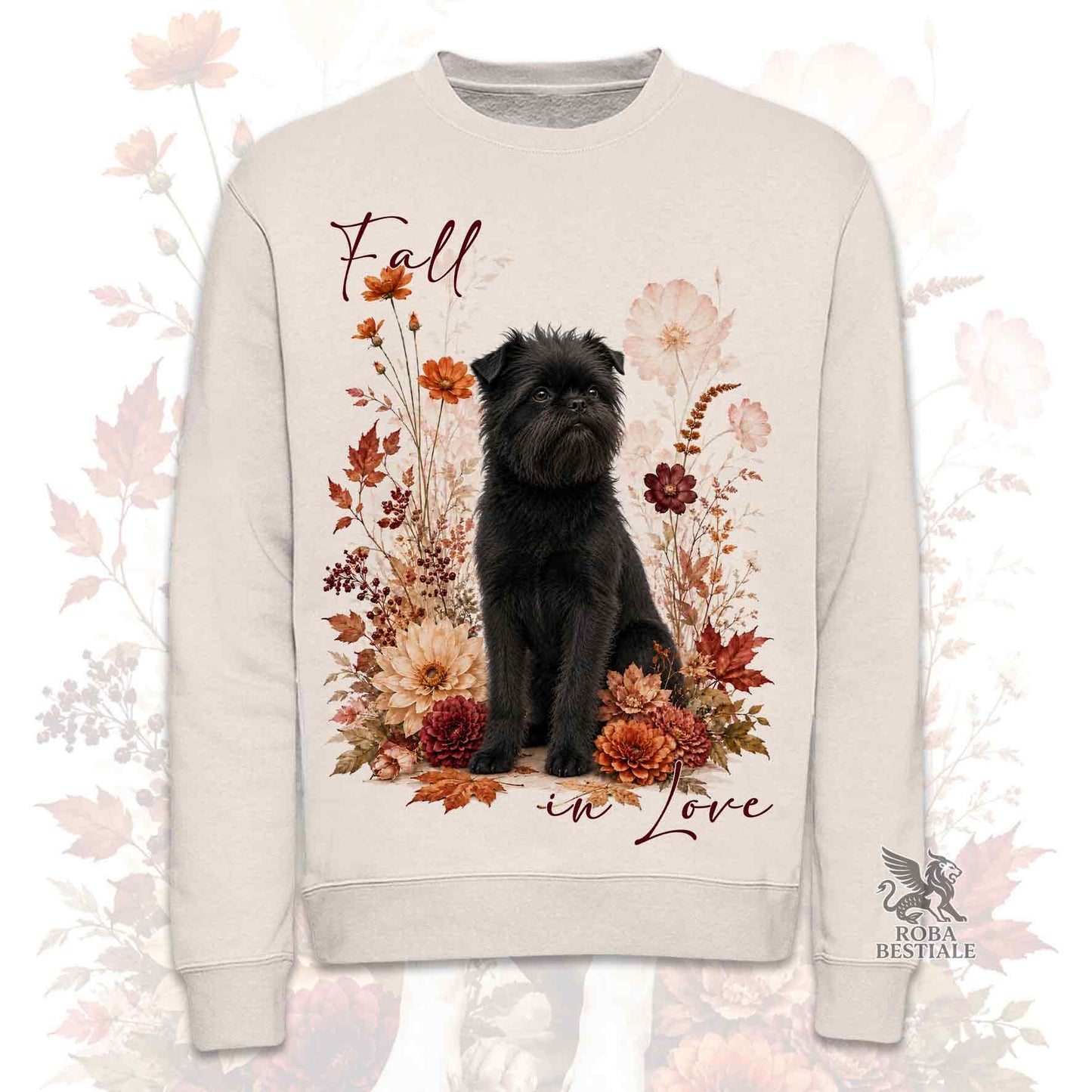 Felpa girocollo beige stampata con un Affenpisncher seduto in mezzo a fiori e foglie autunnali. Grafica originale Roba Bestiale, collezione Fall in Love