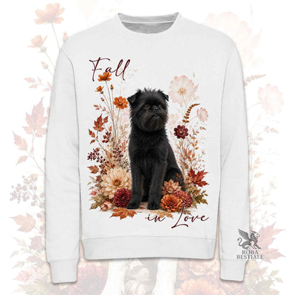 Felpa girocollo bianca stampata con un Affenpisncher seduto in mezzo a fiori e foglie autunnali. Grafica originale Roba Bestiale, collezione Fall in Love