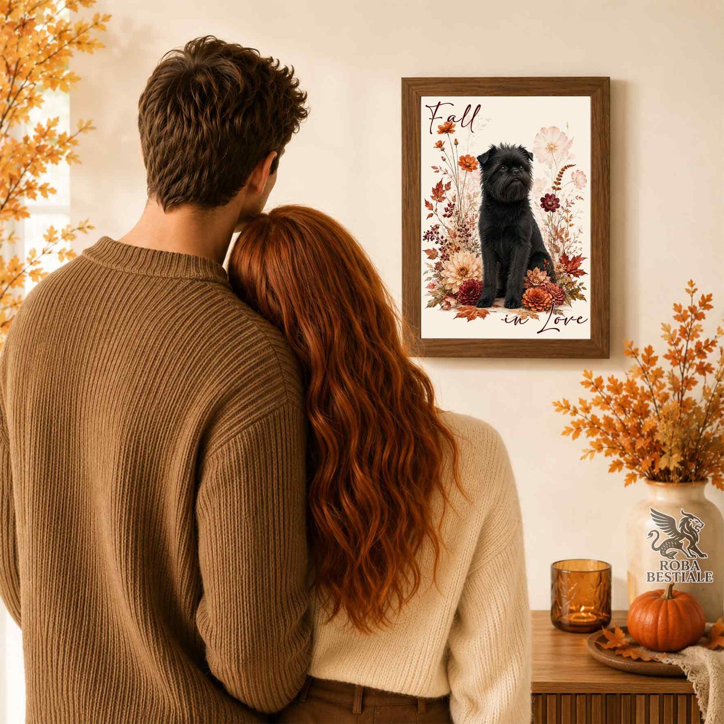 Quadretto con la stampa A4 di un Affenpinscher seduto in mezzo a fiori e foglie autunnali. Grafica originale Roba Bestiale, collezione Fall in Love