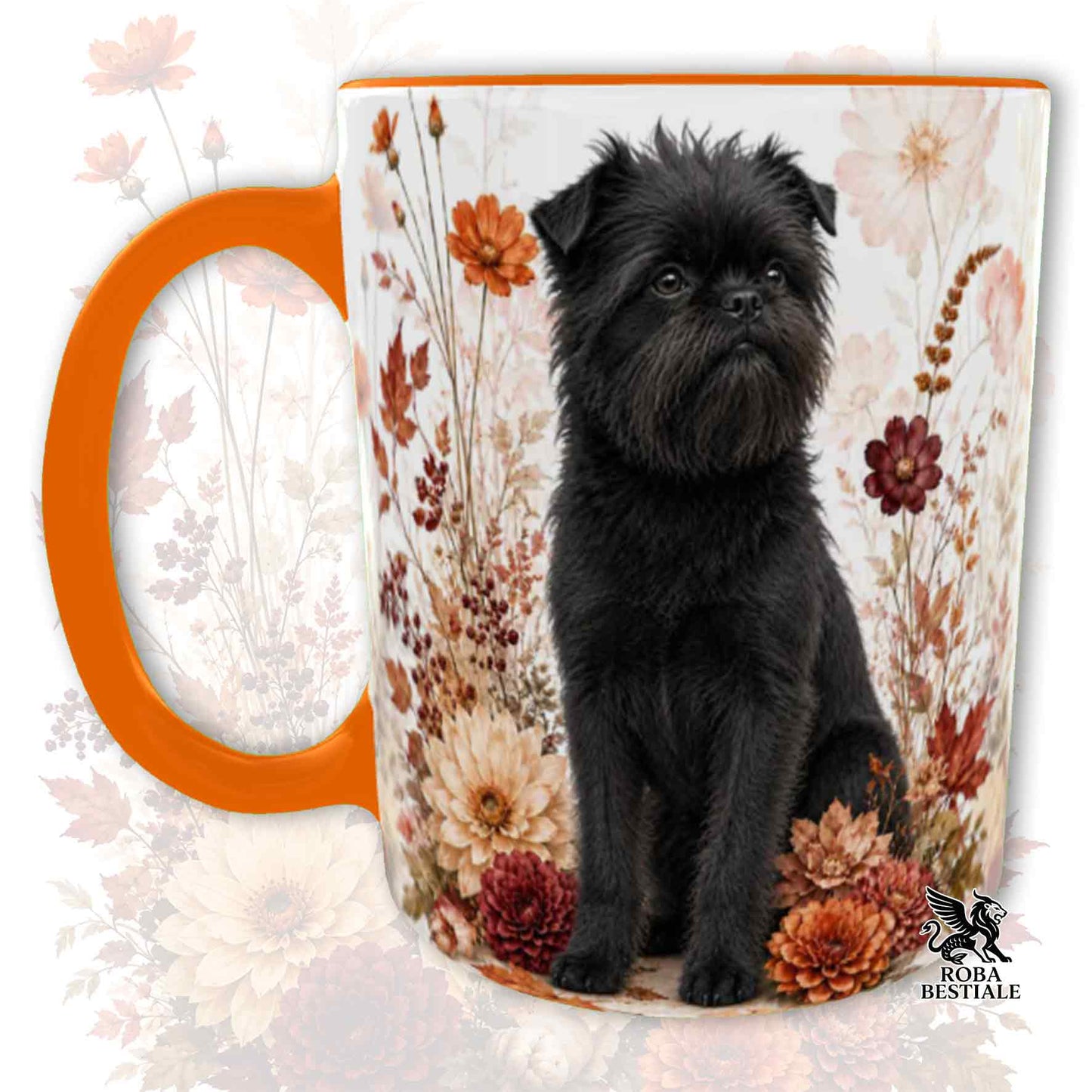 Tazza con la stampa di un Affenpinscher seduto in mezzo a fiori e foglie autunnali. Grafica originale Roba Bestiale, collezione Fall in Love
