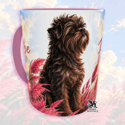 Tazza nera con stampa cane marrone su palme e foglie rosse