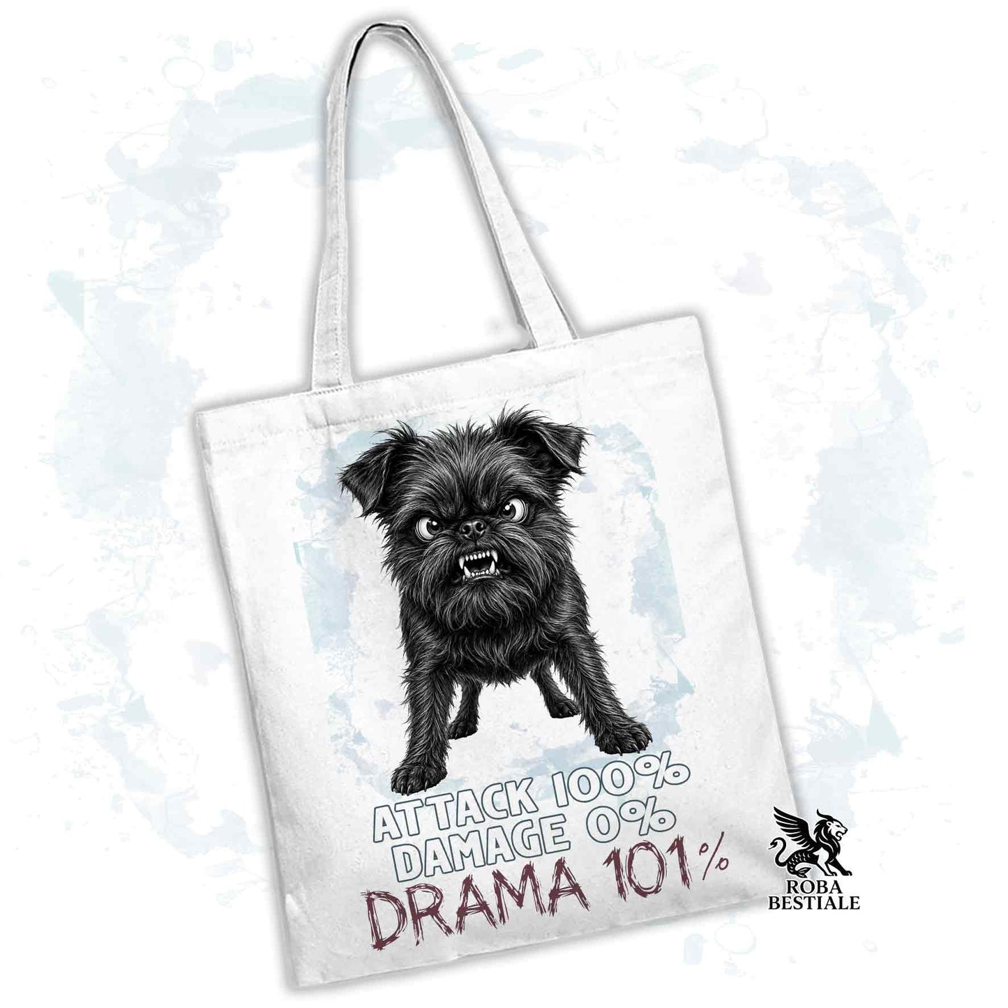 Borsa Tote bianca con stampata un Affenpinscher, grafica Drama 101 originale di Roba Bestiale 