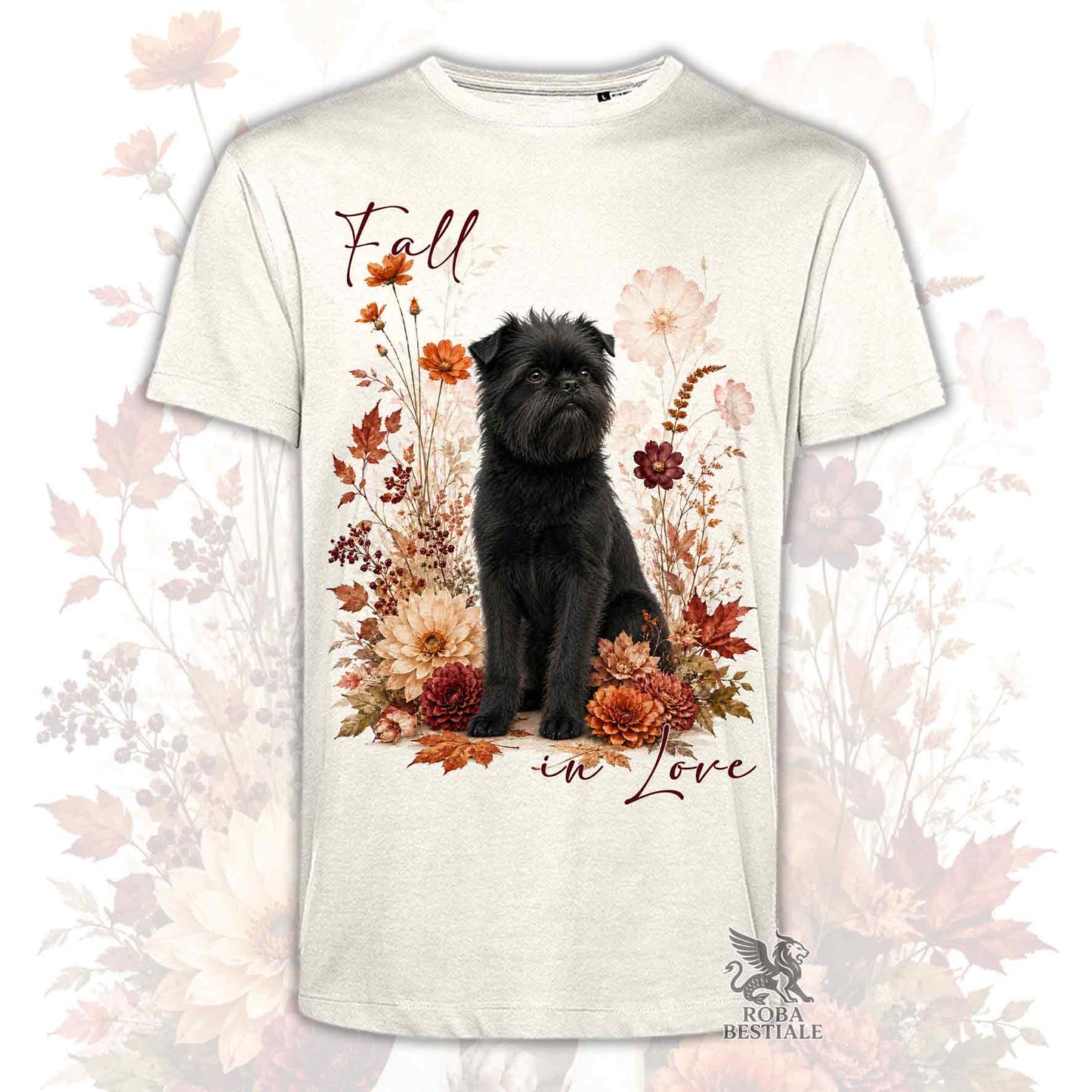 T-shirt beige stampata con un Affenpinscher seduto in mezzo a fiori e foglie autunnali. Grafica originale Roba Bestiale, collezione Fall