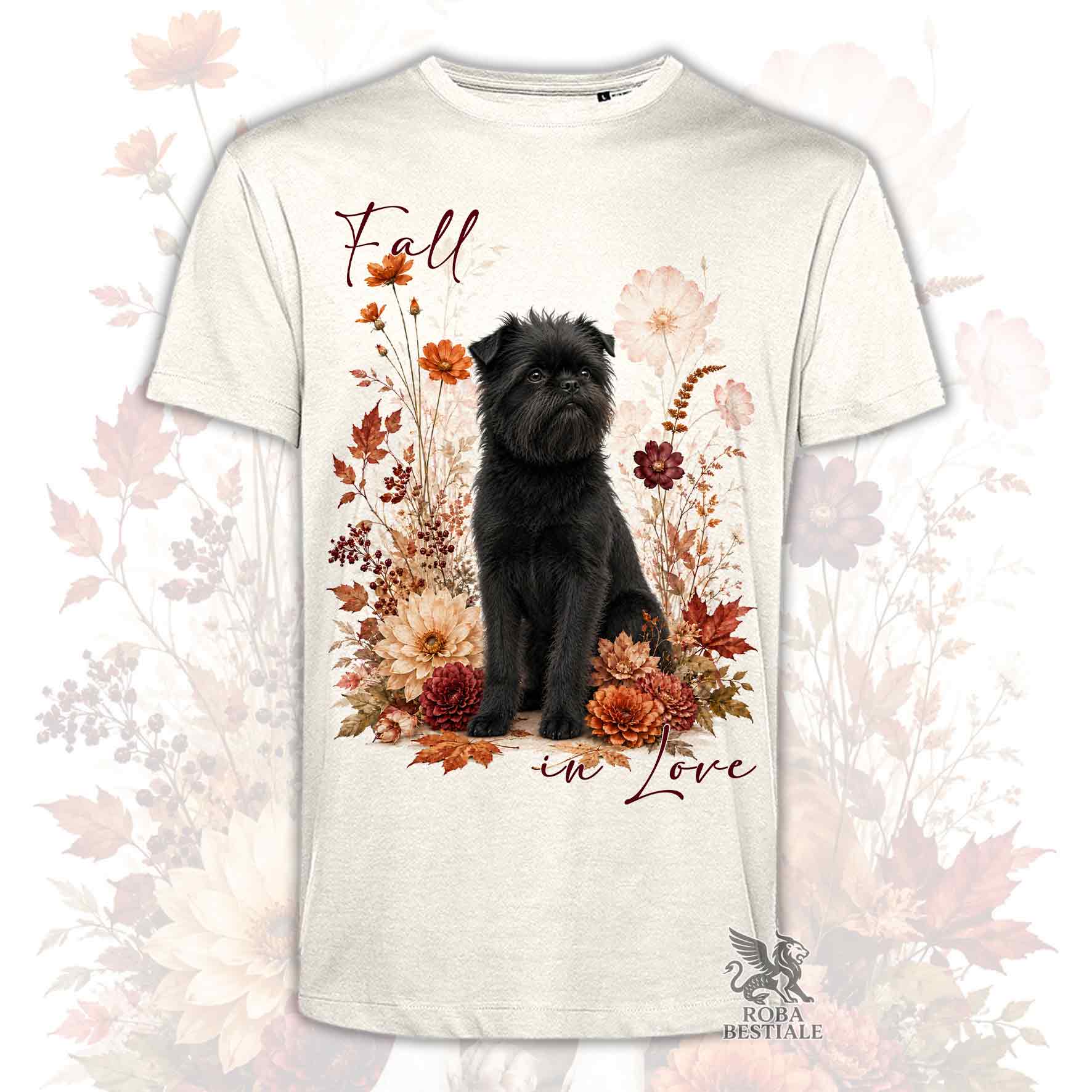 T-shirt beige stampata con un Affenpinscher seduto in mezzo a fiori e foglie autunnali. Grafica originale Roba Bestiale, collezione Fall