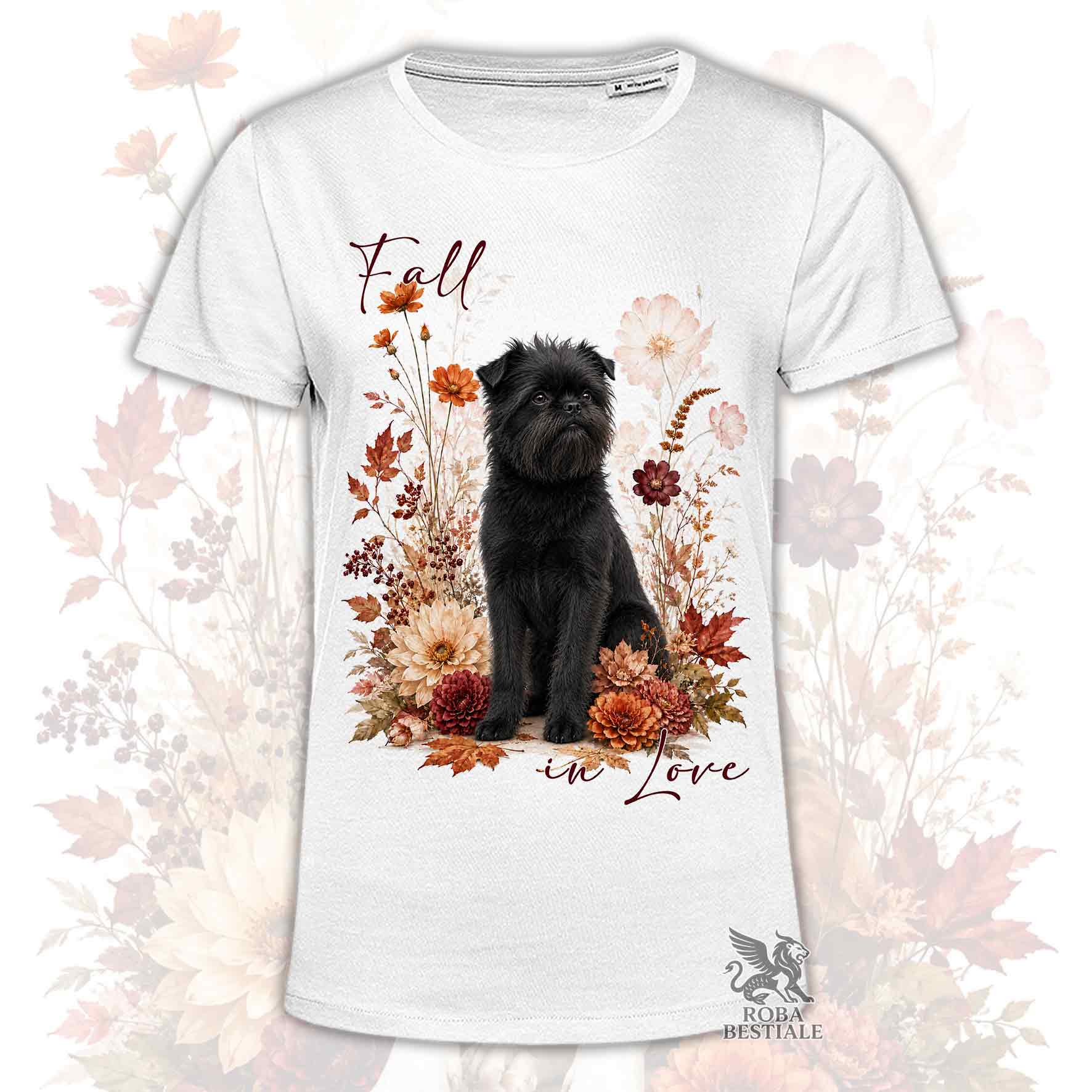 T-shirt bianca stampata con un Affenpinscher seduto in mezzo a fiori e foglie autunnali. Grafica originale Roba Bestiale, collezione Fall