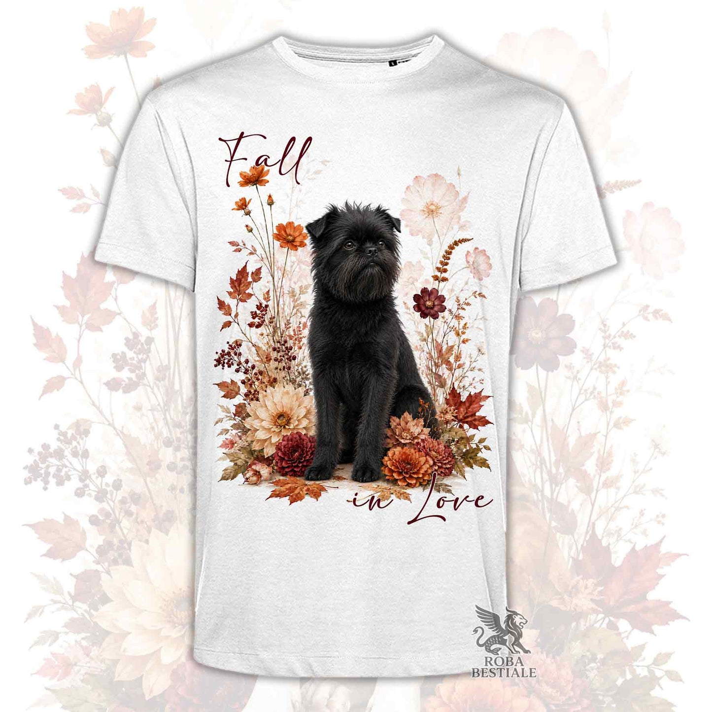T-shirt bianca stampata con un Affenpinscher seduto in mezzo a fiori e foglie autunnali. Grafica originale Roba Bestiale, collezione Fall