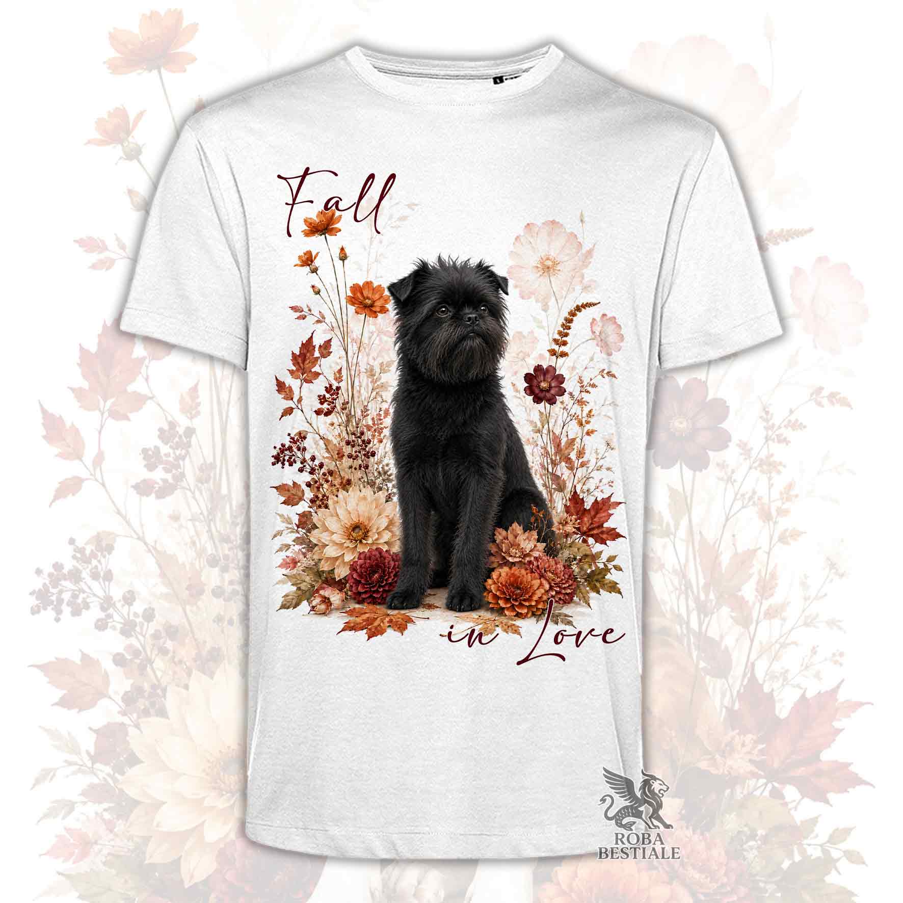 T-shirt bianca stampata con un Affenpinscher seduto in mezzo a fiori e foglie autunnali. Grafica originale Roba Bestiale, collezione Fall