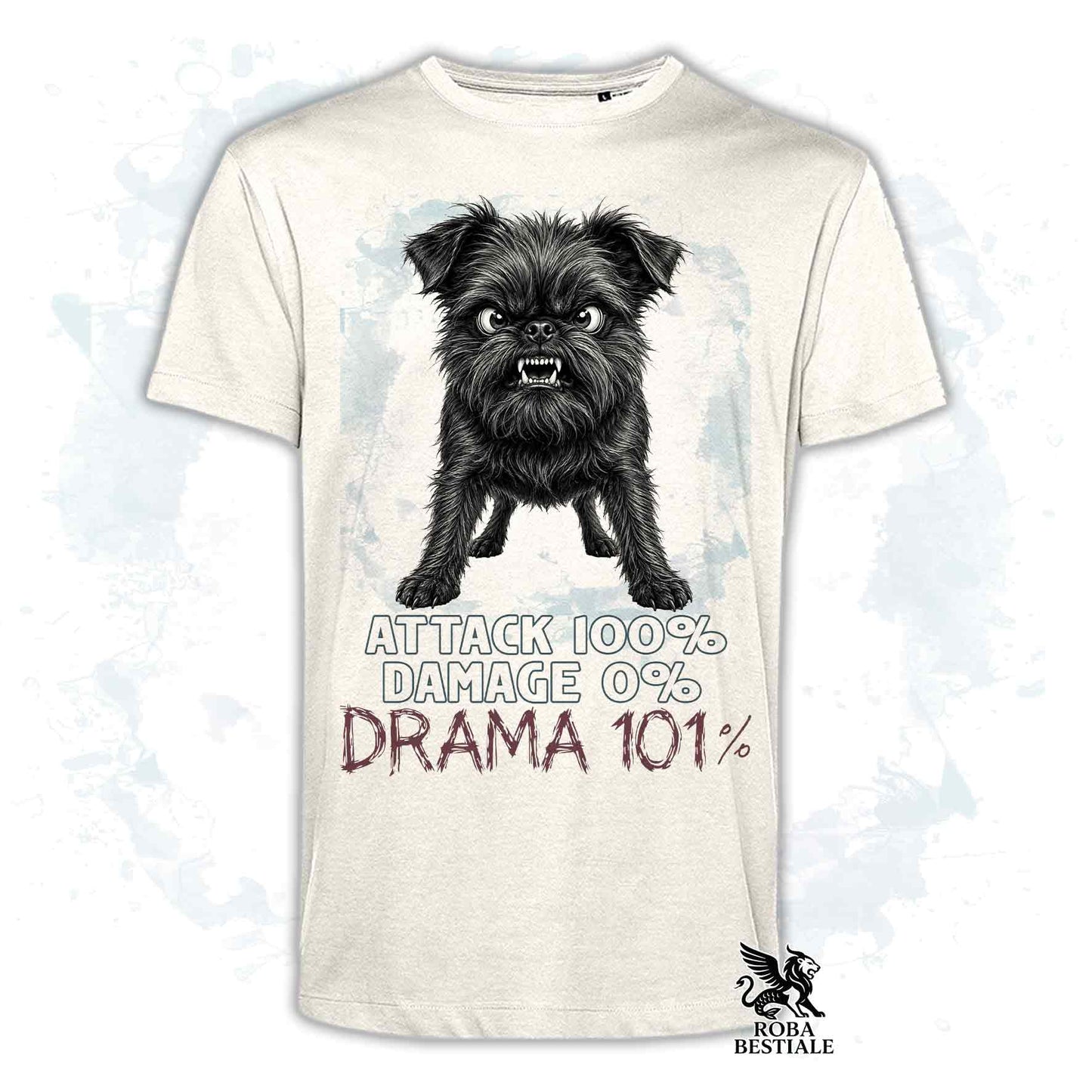 Maglietta beige stampata con un Affenpinscher, collezione originale Drama 101 di Roba Bestiale 