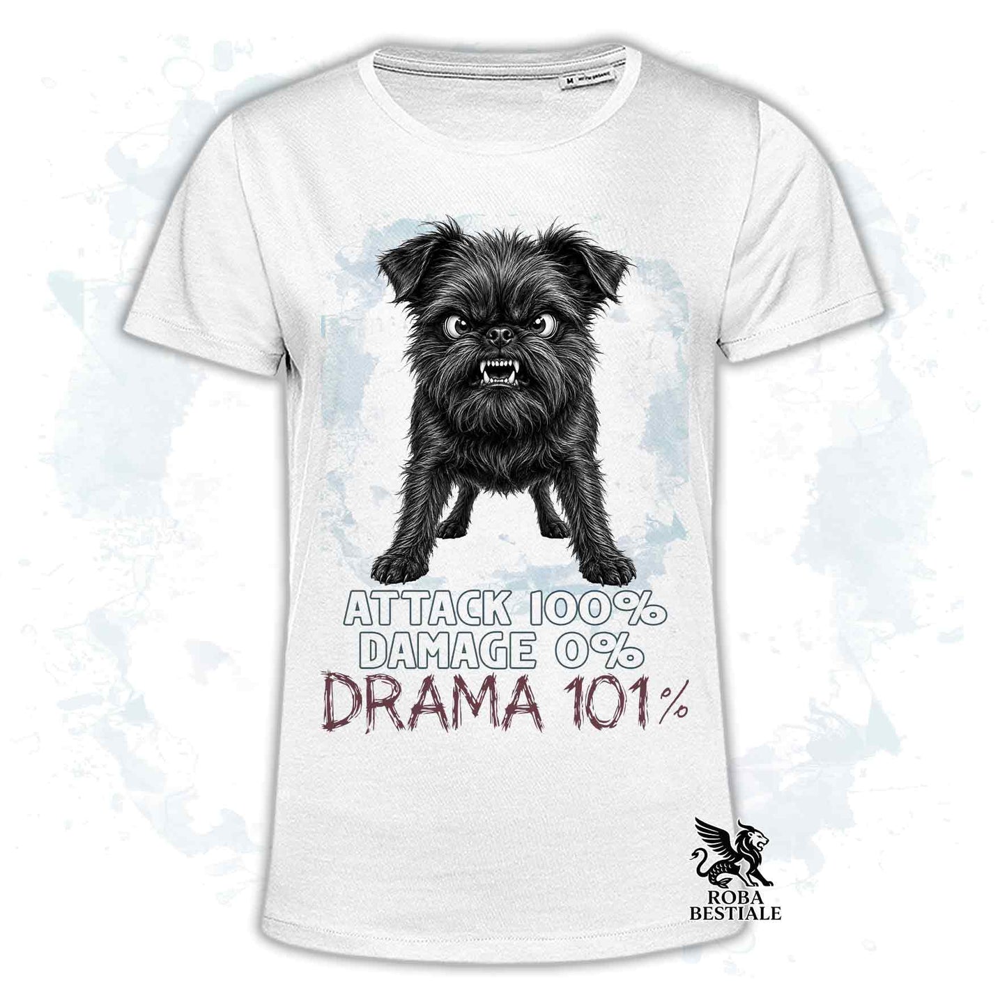 Maglietta bianca stampata con un Affenpinscher, collezione originale Drama 101 di Roba Bestiale 