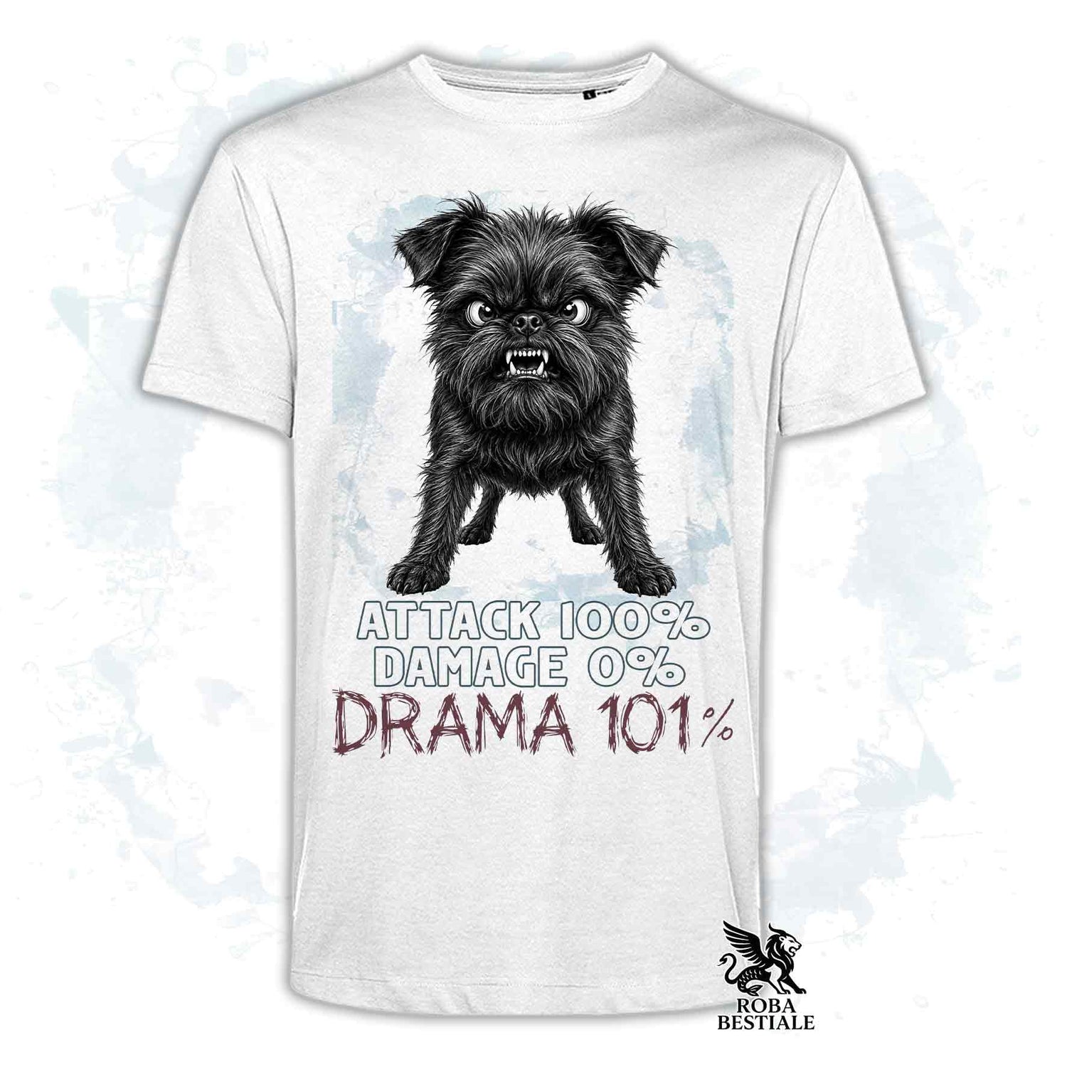 Maglietta bianca stampata con un Affenpinscher, collezione originale Drama 101 di Roba Bestiale 