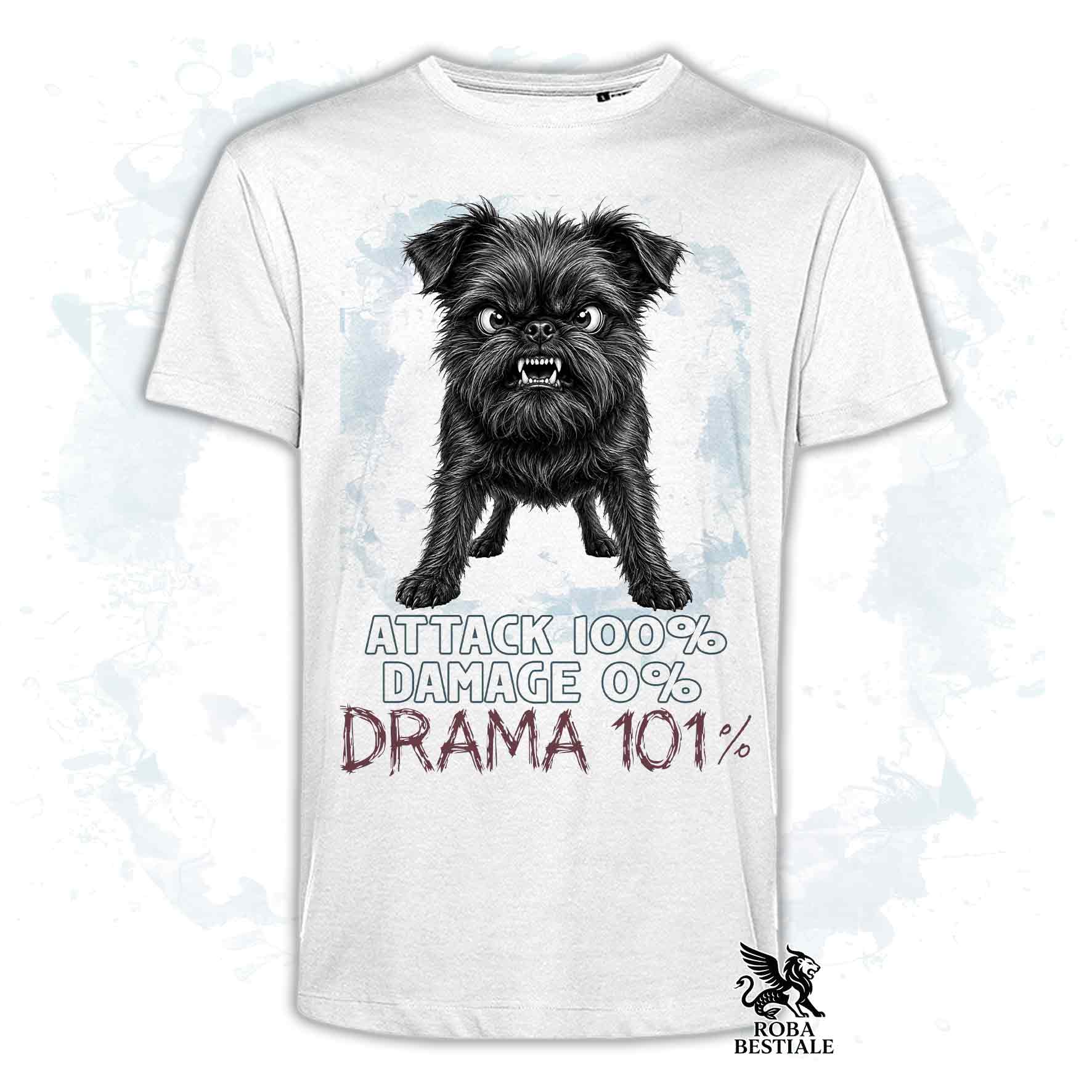 Maglietta bianca stampata con un Affenpinscher, collezione originale Drama 101 di Roba Bestiale 
