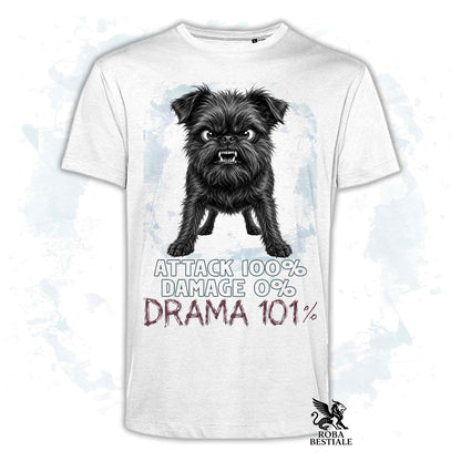Maglietta bianca stampata con un Affenpinscher, collezione originale Drama 101 di Roba Bestiale 