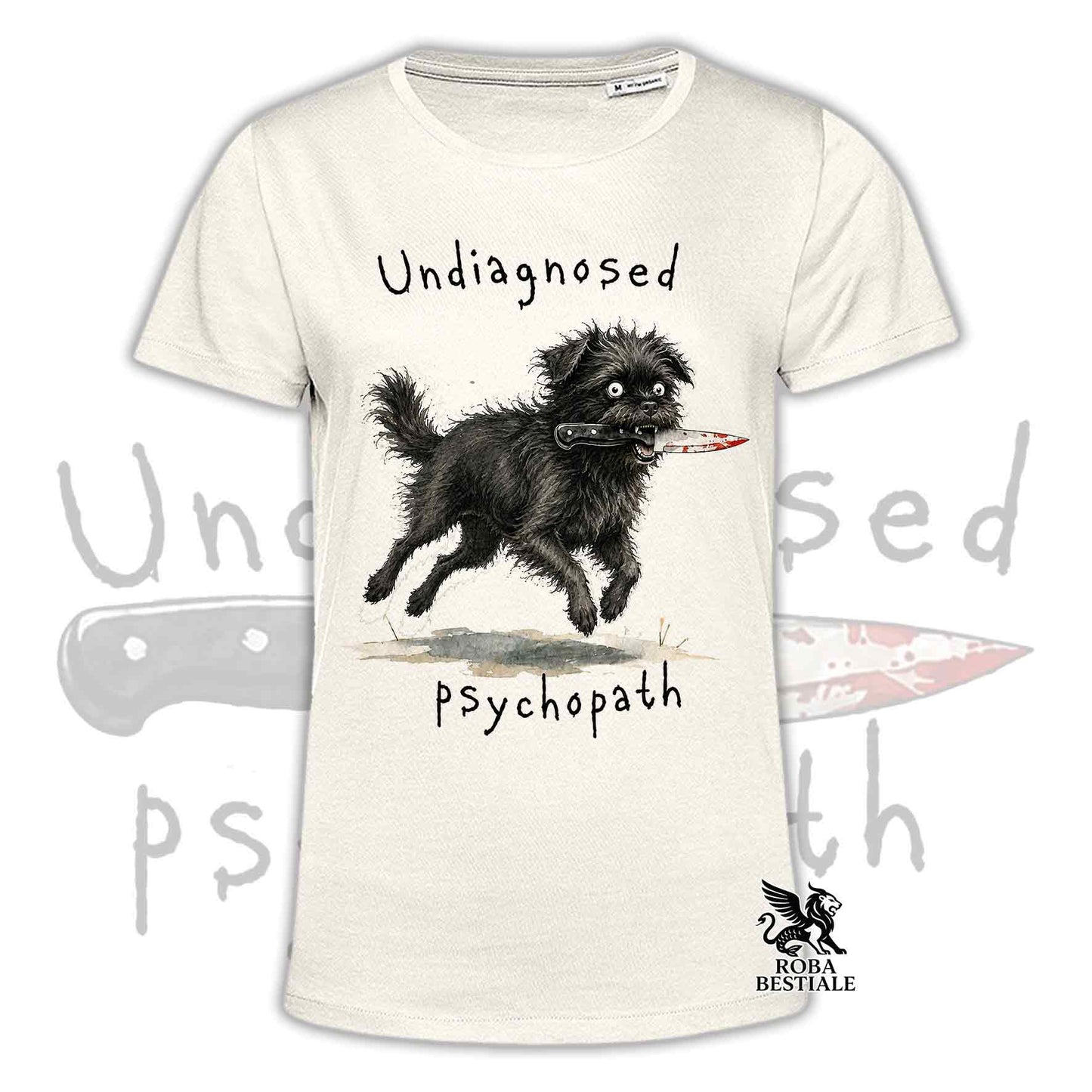 T-shirt beige stampata con un Affenpinscher che tiene un coltello tra i denti. Grafica originale Roba Bestiale, collezione Psychopath