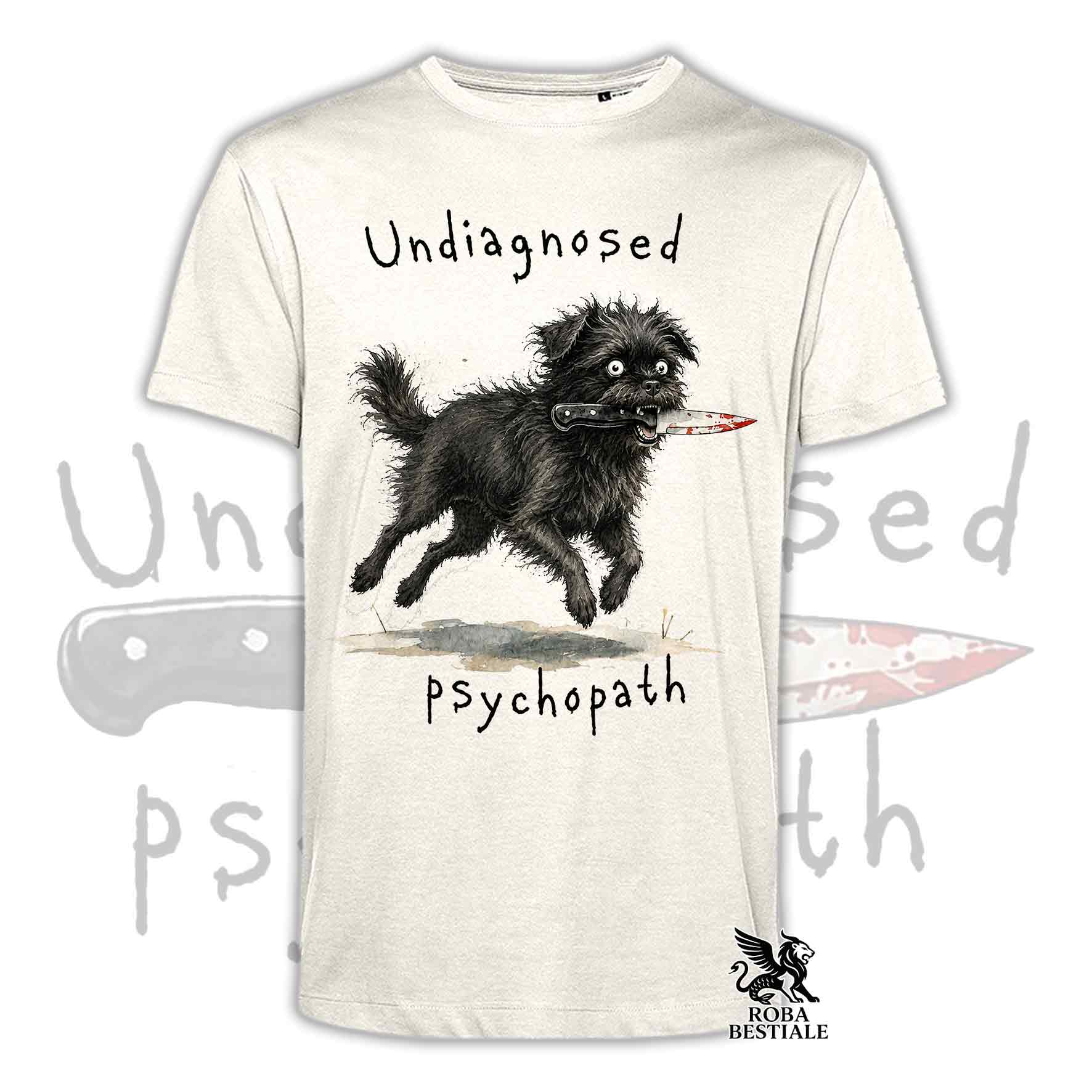 T-shirt beige stampata con un Affenpinscher che tiene un coltello tra i denti. Grafica originale Roba Bestiale, collezione Psychopath