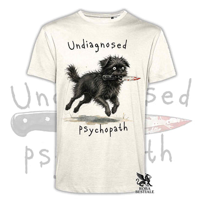 T-shirt beige stampata con un Affenpinscher che tiene un coltello tra i denti. Grafica originale Roba Bestiale, collezione Psychopath