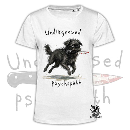 T-shirt bianca stampata con un Affenpinscher che tiene un coltello tra i denti. Grafica originale Roba Bestiale, collezione Psychopath