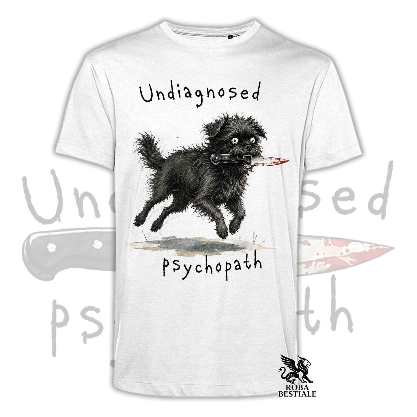 T-shirt bianca stampata con un Affenpinscher che tiene un coltello tra i denti. Grafica originale Roba Bestiale, collezione Psychopath