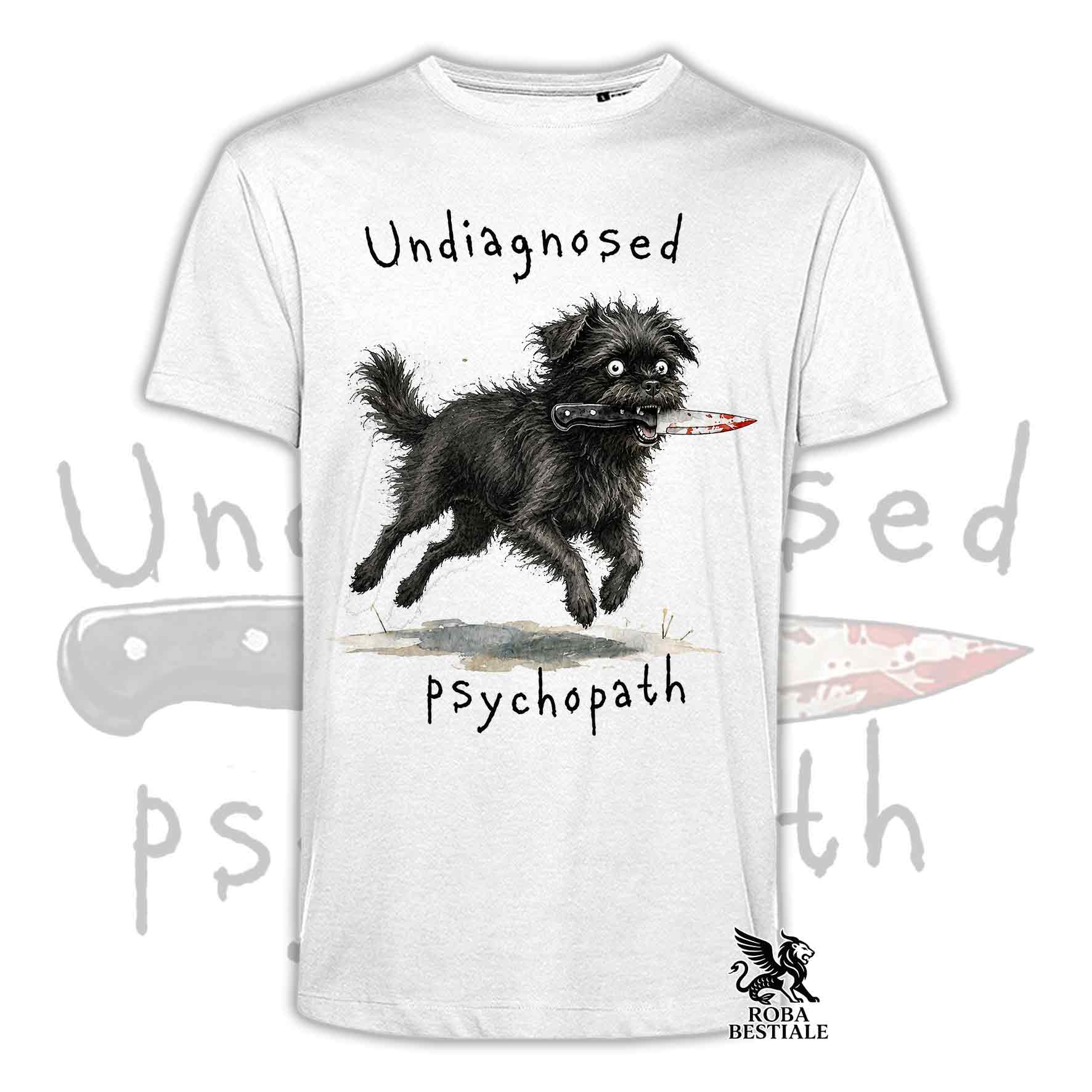 T-shirt bianca stampata con un Affenpinscher che tiene un coltello tra i denti. Grafica originale Roba Bestiale, collezione Psychopath