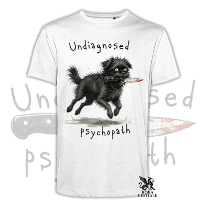 T-shirt bianca stampata con un Affenpinscher che tiene un coltello tra i denti. Grafica originale Roba Bestiale, collezione Psychopath