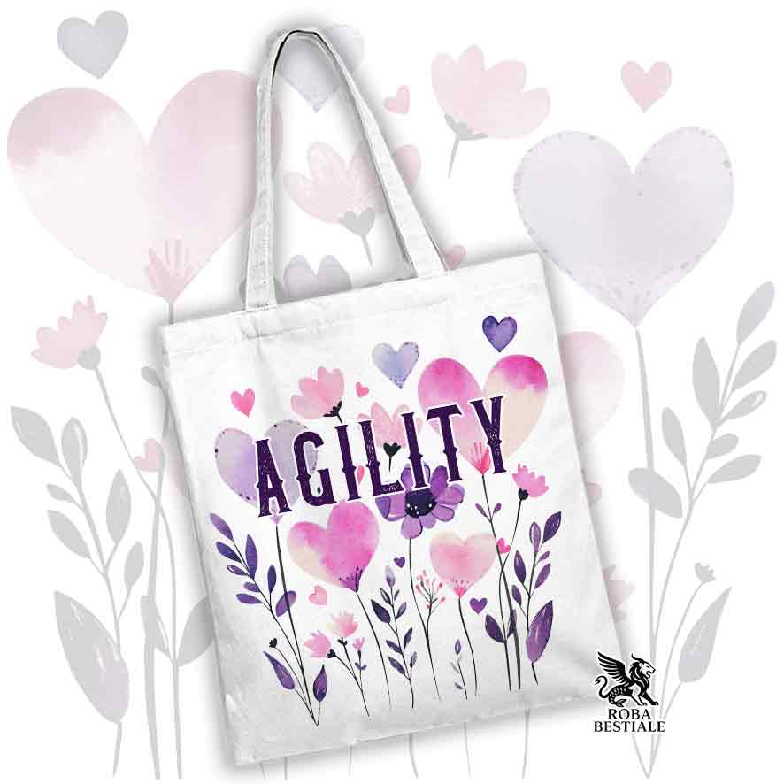 Borsa shopper bianca stampata con una grafica dedicata all'Agility, collezione Candy