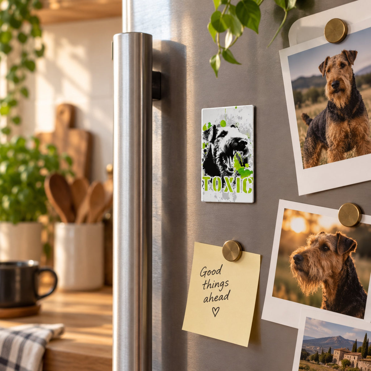 Calamita in MDF con la stampa di un Airedale Terrier. Idea regalo per amanti dei cani, da Roba Bestiale