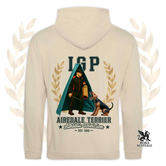 Felpa beige con cappuccio e tasconi, stampa frontale Airedale Terrier