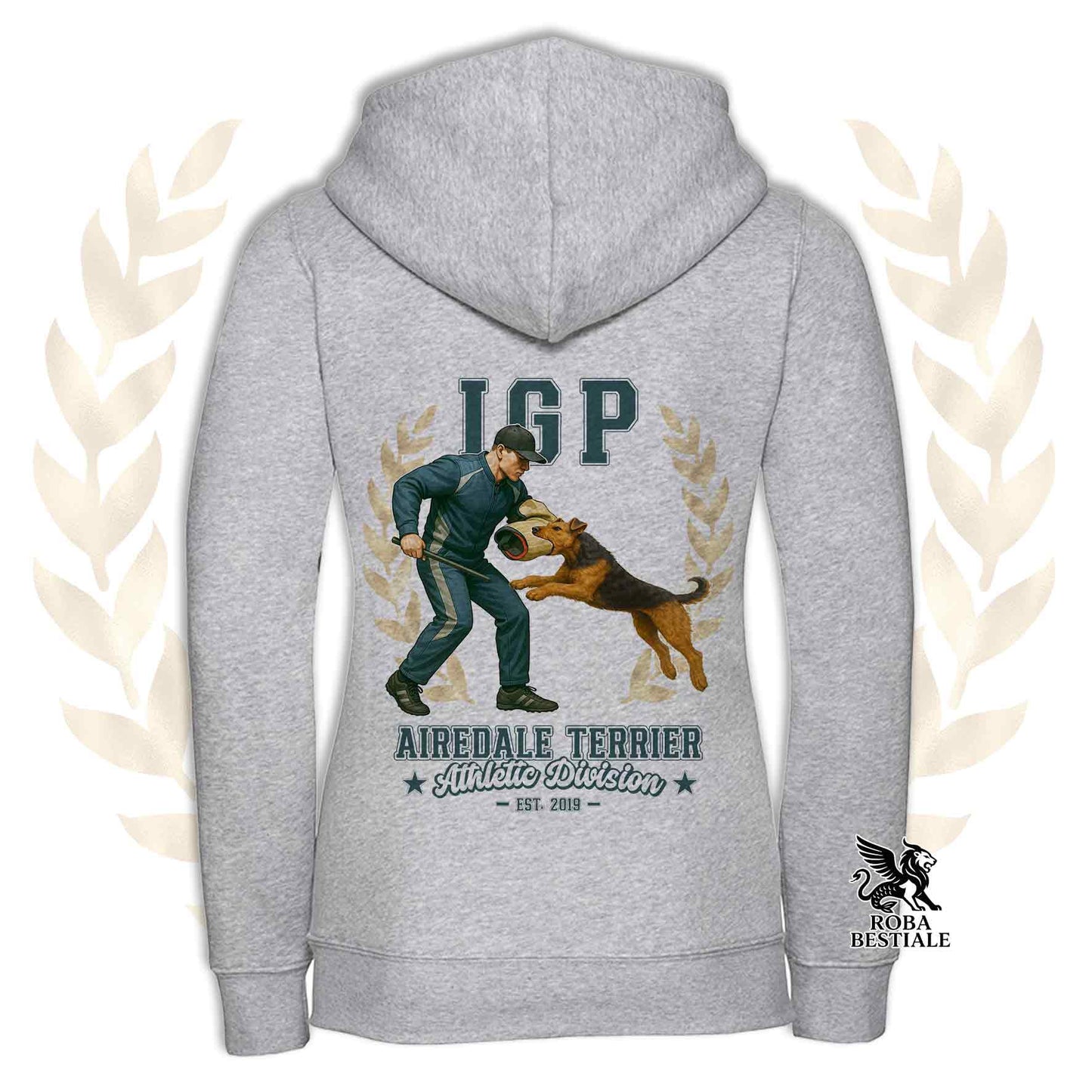 Una felpa con cappuccio e zip stampata con un Airedale Terrier che fa IGP. Grafica originale Roba Bestiale