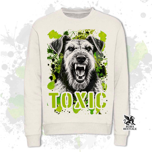 Felpa girocollo off white con stampa cane e scritta TOXIC verde