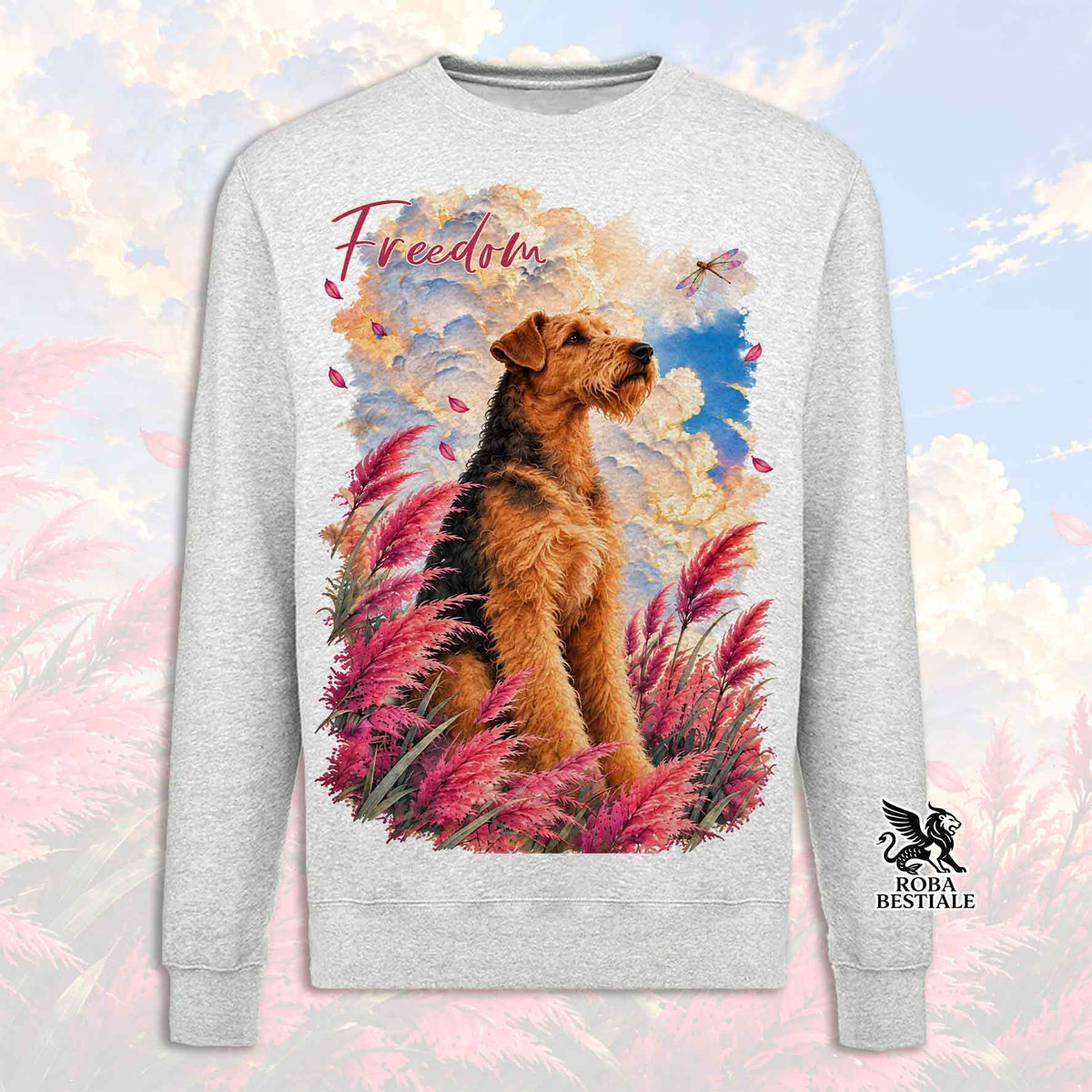 Felpa girocollo grigio mélange con stampa di un Airedale Terrier tra erbe rosa
