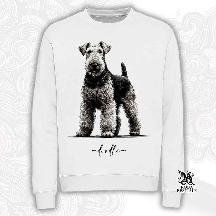Felpa bianca girocollo, stampata con un Airedale Terrier, grafica Doodle