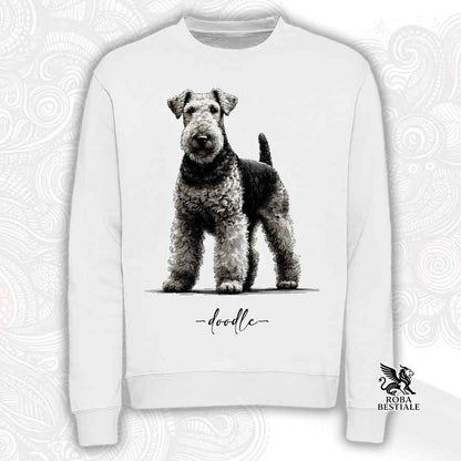 Felpa bianca girocollo, stampata con un Airedale Terrier, grafica Doodle
