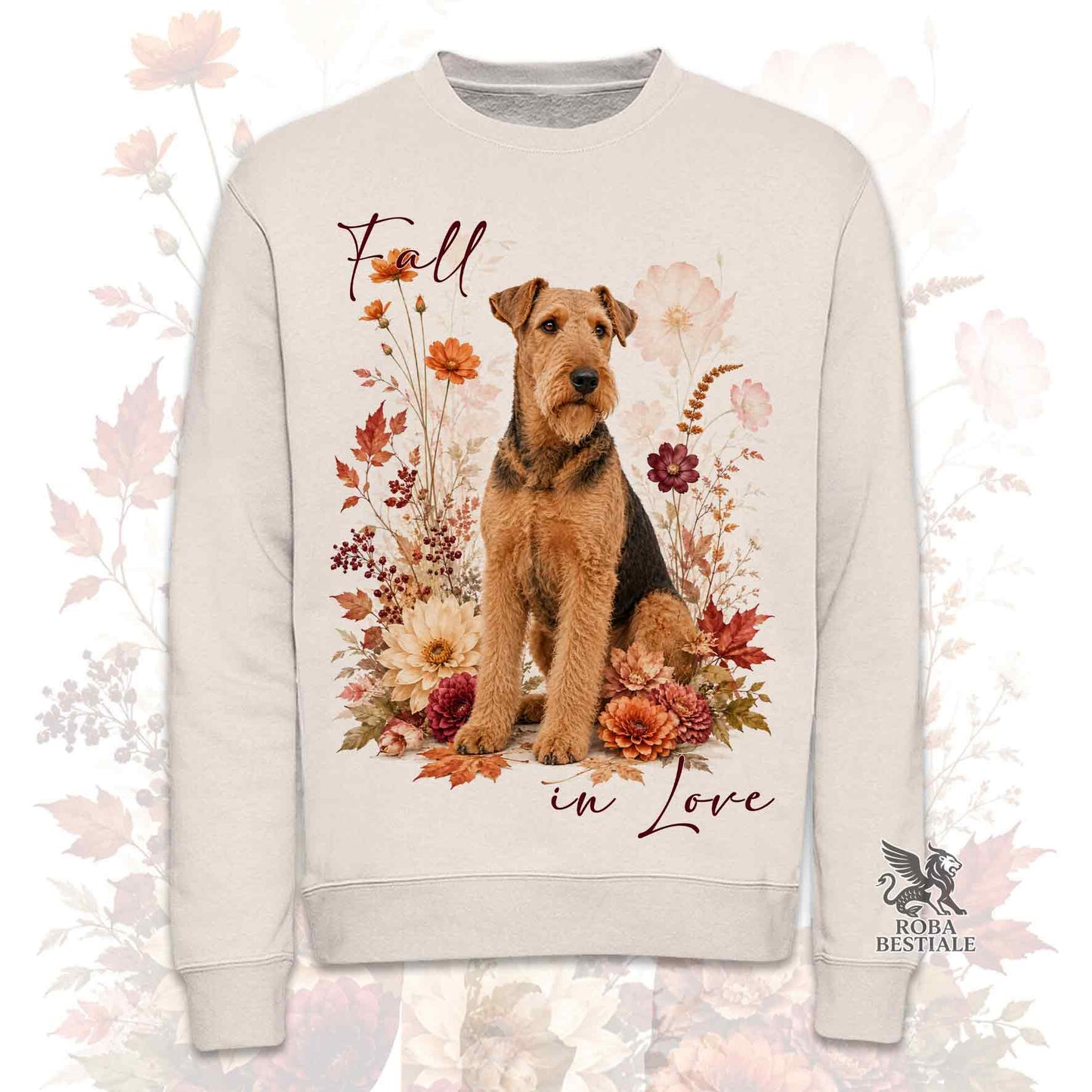 Felpa girocollo beige stampata con un Airedale Terrier seduto in mezzo a fiori e foglie autunnali. Grafica originale Roba Bestiale, collezione Fall in Love