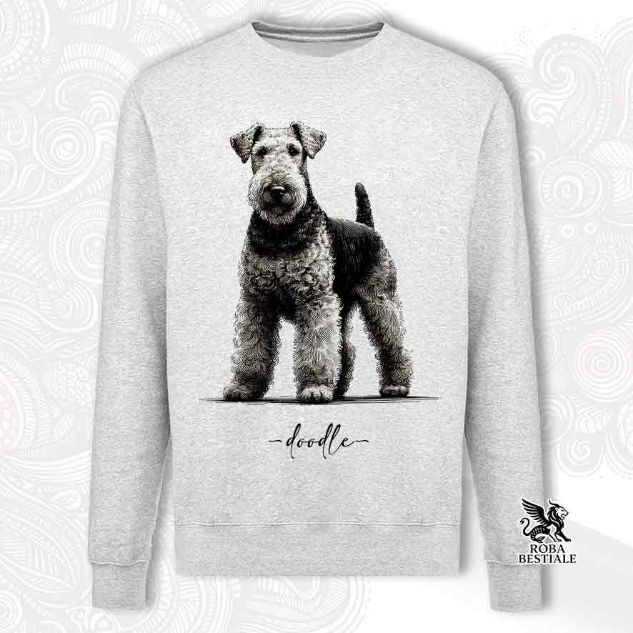 Felpa grigia girocollo, stampata con un Airedale Terrier, grafica Doodle