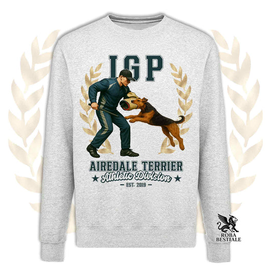 Una felpa girocollo stampata con un Airedale Terrier che fa IGP. Grafica originale Roba Bestiale