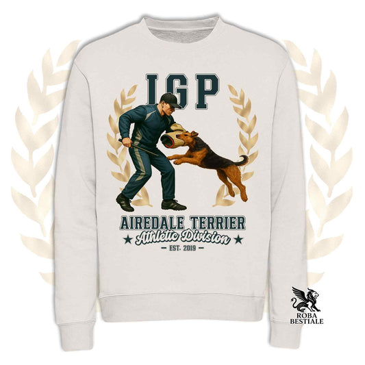 Una felpa girocollo stampata con un Airedale Terrier che fa IGP. Grafica originale Roba Bestiale