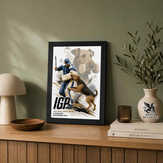 Stampa con cornice in legno con un Airedale Terrier che pratica IGP. Grafica Zero Distance, originale Roba Bestiale