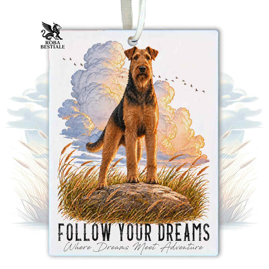 Cartellino profumatore con cane terrier, nuvole e scritta FOLLOW YOUR DREAMS