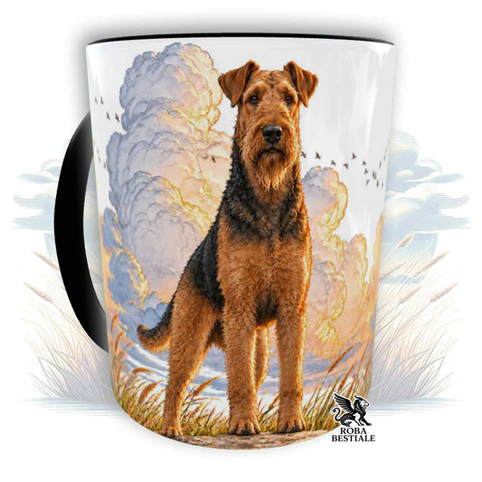 Tazza bianca con illustrazione di cane e nuvole, manico nero