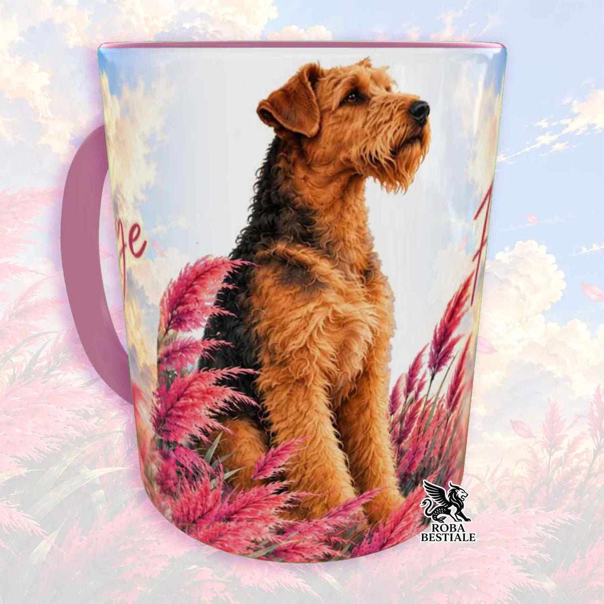 Tazza con illustrazione di Airedale Terrier e dettagli rosa