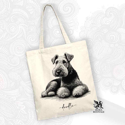 Tote bag beige stampata con un Airedale Terrier, grafica Doodle