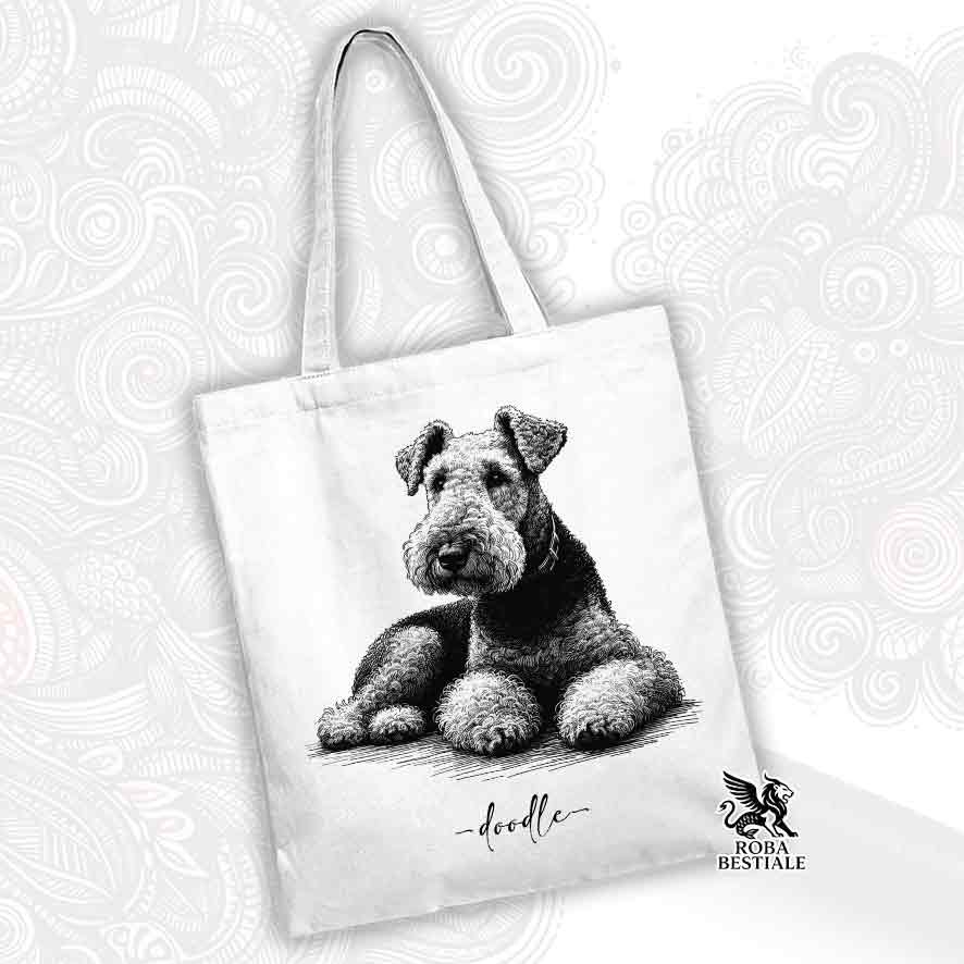 Tote bag bianca stampata con un Airedale Terrier, grafica Doodle